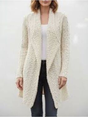 Irelandeye virgin wool Cream Cable Knit Open-Front Women's Cardigan Sweater